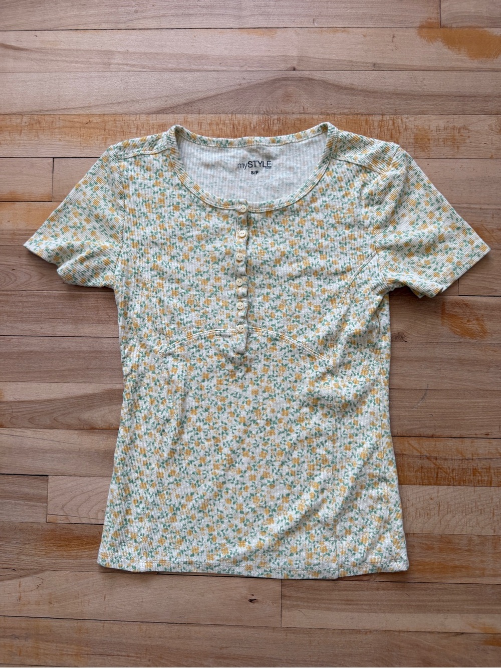Yellow Floral Ribbed Henley Tee for Women